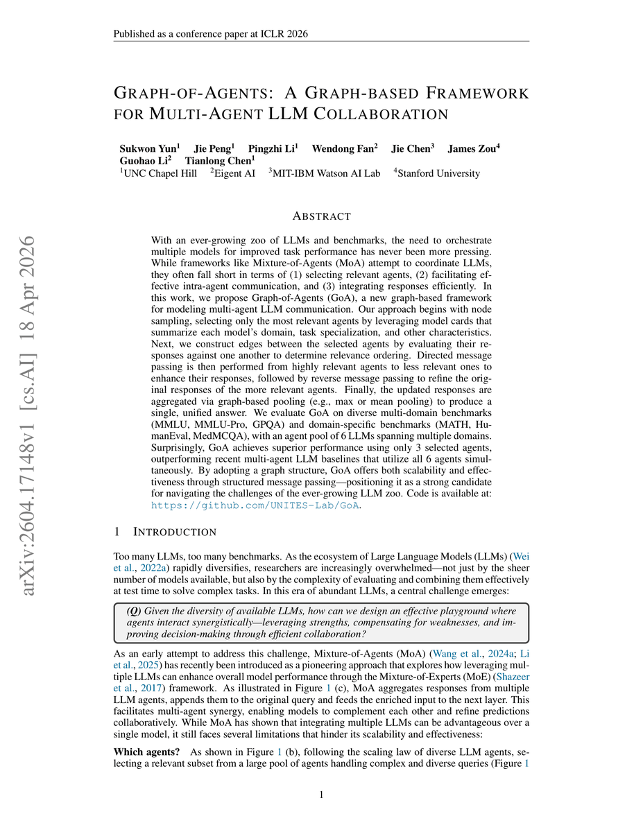 beamnxw's tweet photo. This paper is f*cking brilliant

A computer science paper replaces Mixture-of-Agents with Graph-of-Agents for multi-LLM collaboration

The result: structured node sampling, directed message passing, and graph pooling deliver state-of-the-art benchmark scores using only 3 active agents instead of 6

The crazy part is how graph engineering cuts multi-agent inference cost while improving decision accuracy

Relevant model nodes are sampled via domain cards, directed edges pass responses from expert to generalist models, and graph pooling aggregates final consensus

Most multi-agent architectures blindly feed every query to every model in the pool

This framework converts multi-agent collaboration into an optimized communication graph

Read the complete paper + article below

Bookmark it for future reference