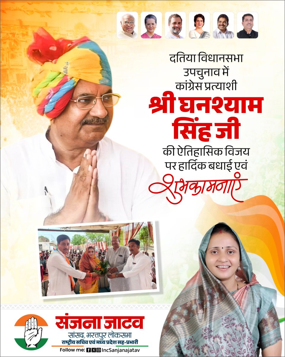 IncSanjanajatav's tweet photo. मेरे प्रभार क्षेत्र की दतिया विधानसभा उपचुनाव में कांग्रेस प्रत्याशी श्री घनश्याम सिंह जी की ऐतिहासिक विजय पर हार्दिक बधाई एवं शुभकामनाएँ।

यह जनादेश लोकतांत्रिक मूल्यों, जनविश्वास और कांग्रेस की जनहितकारी विचारधारा के प्रति जनता के अटूट विश्वास का प्रतीक है। यह जीत आदरणीय श्री राहुल गांधी जी के नेतृत्व, उनकी जनहितकारी सोच और कांग्रेस कार्यकर्ताओं की जनता के बीच निरंतर सक्रिय उपस्थिति पर जनता द्वारा व्यक्त किए गए विश्वास का भी प्रमाण है। हम सभी कांग्रेसजनों ने धरातल पर रहकर जन-जन के बीच उनकी आवाज़ को मजबूती से उठाया और जनता ने उस विश्वास पर अपनी मुहर लगाई है।

मुझे पूर्ण विश्वास है कि आपके नेतृत्व में दतिया विधानसभा क्षेत्र विकास, जनसेवा और प्रगति की नई ऊँचाइयों को प्राप्त करेगा।

आपके सफल, जनकल्याणकारी एवं उज्ज्वल कार्यकाल के लिए पुनः हार्दिक बधाई एवं अनंत शुभकामनाएँ।

@RahulGandhi @INCIndia @INCMP