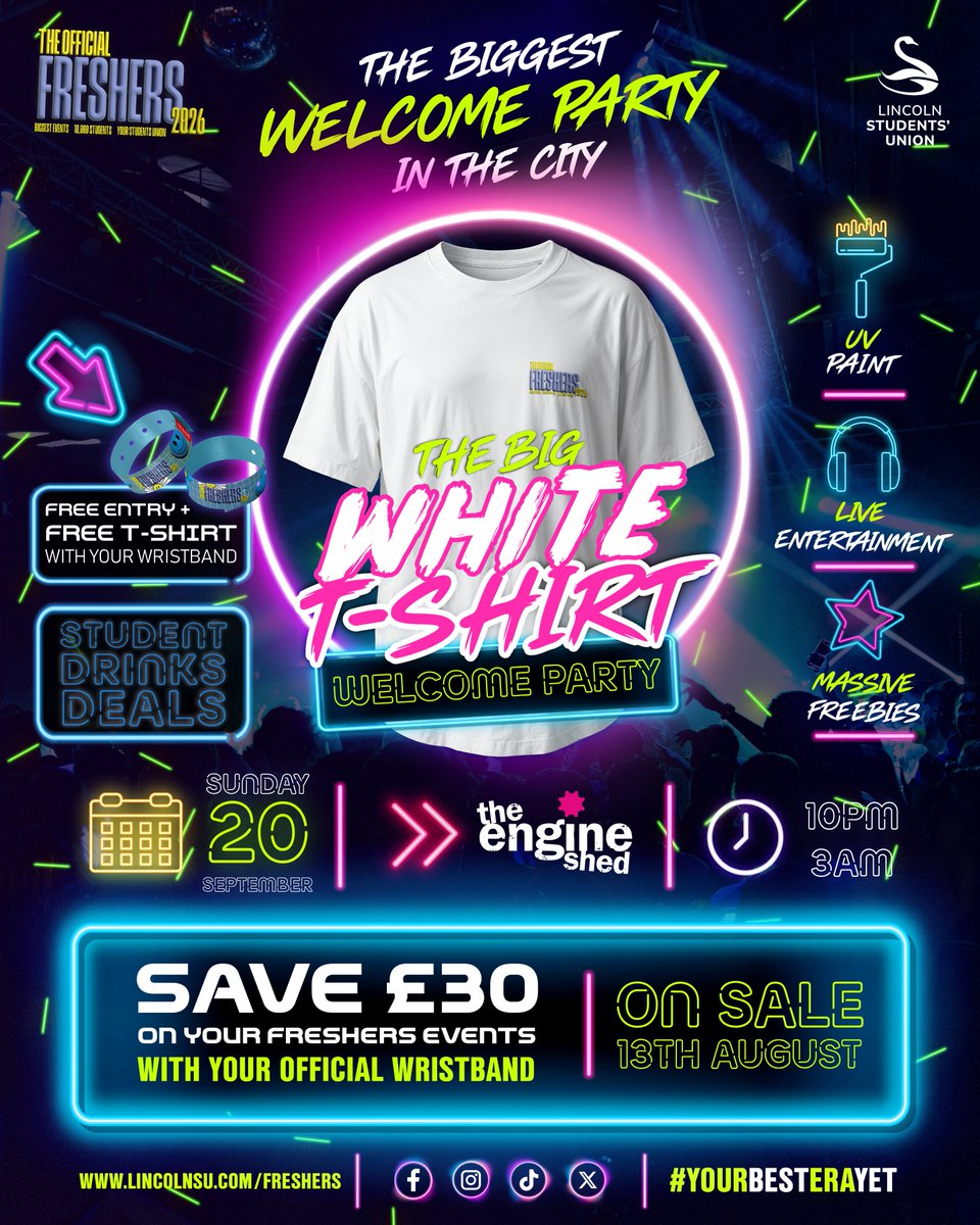 lincolnSU's tweet photo. 🚨 THE OFFICIAL LINCOLN FRESHERS WELCOME PARTY IS HERE! 🚨

On Sunday the 20th of September, The Engine Shed will transform into the biggest welcome party in the city as thousands of students come together for the first unforgettable night of Freshers Week! 🤍✨ https://t.co/JbeaQaUqJK