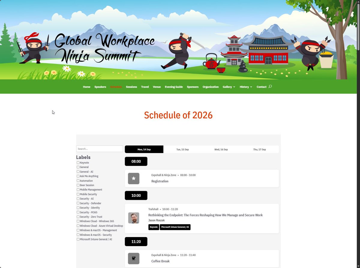 wpninjasummit's tweet photo. The schedule for #WPNinjaSummit2026 is LIVE 🥷

📅 Sep 14–17 · 📍 Trafo Baden, Switzerland
125+ sessions on Intune, Entra, Security &amp; more

Schedule 👉 https://t.co/sWFwLeDEnN
🎟️ Tickets going fast: https://t.co/pMMAWEDQbJ https://t.co/nvgvjU6Y9g