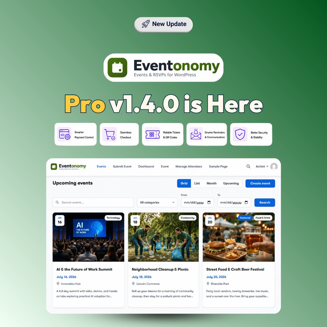 wbcomdesigns's tweet photo. Eventonomy Pro v1.4.0 released.
Improves payment management, checkout, reminders, and reliability with major fixes for donations, ticketing, calendar sync, and event security.
π https://t.co/aN3mcdpb46
#WordPress #Eventonomy #PluginUpdate #WbcomDesigns https://t.co/9Yo3AlbxiE
