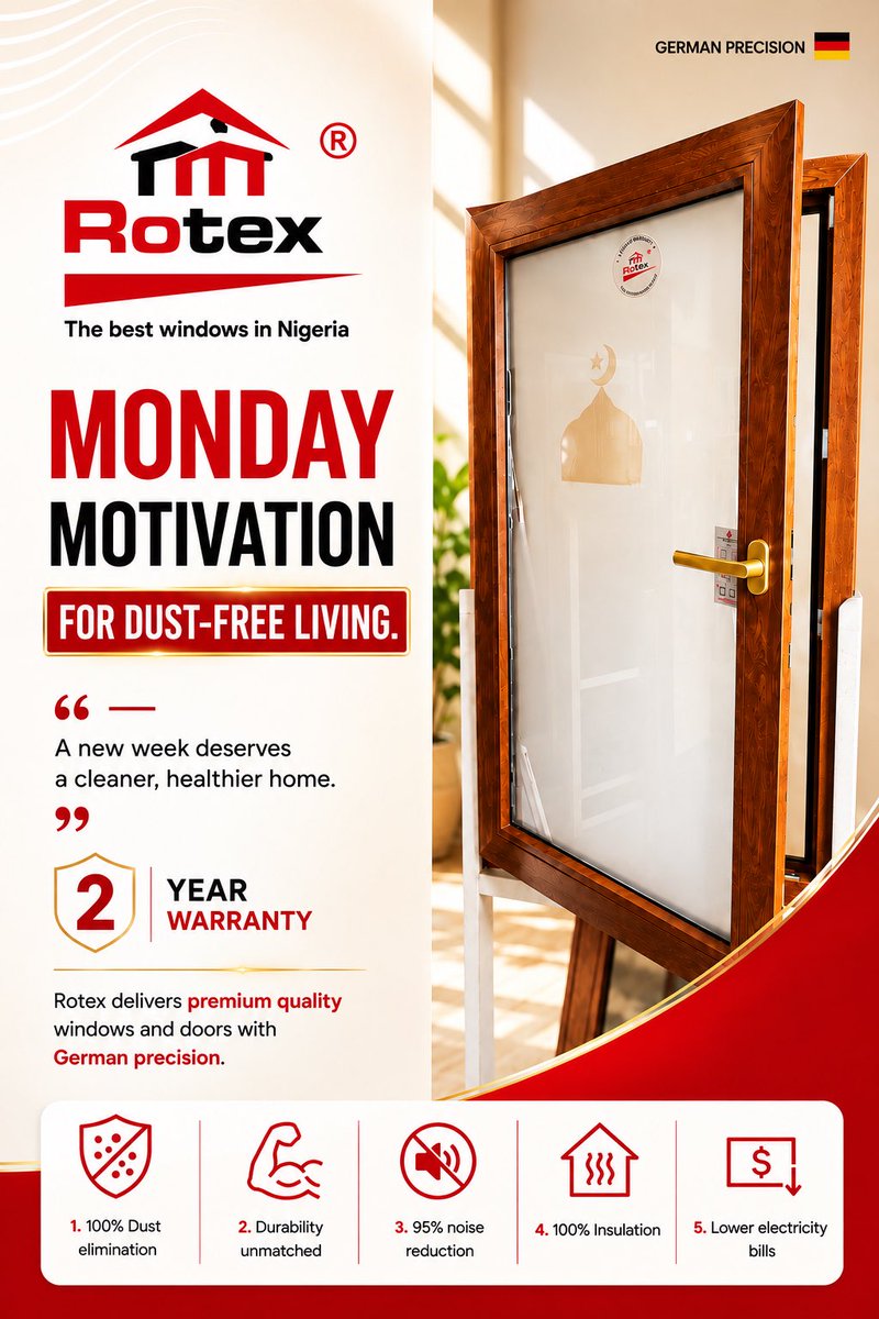 RotexglassNg's tweet photo. A productive week starts with a healthier home. Why settle for dust, noise, and discomfort when your windows can do so much more?
#RotexWindows #PremiumWindows #MetalUPVC #GermanPrecision #EnergyEfficient #NoiseReduction #DustFreeLiving #HomeImprovement #ModernHomes #LuxuryHomes https://t.co/XCAq387TVc