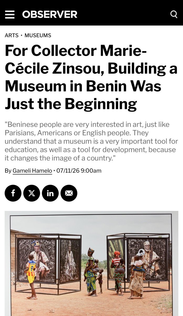 McZinsou's tweet photo. Merci @observer d’avoir raconté l’histoire de la @FondationZinsou, du travail mené avec les artistes depuis 21 ans, de la collection d’archives, de #Ouidah et #Cotonou…
#team229 https://t.co/8whWTTiGJ7