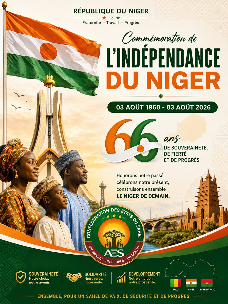 AESinfos's tweet photo. #AESinfo | #Niger 🇳🇪
03 Août 1960 - 03 Août 2026 : 66 ans de souveraineté, de fierté et de progrès. 

Le Niger commémore ses 66 ans d’indépendance, sous le leadership du Général d’Armée, Abdourahamane Thiani, président de la République.

Cette date (03 Août 1960) marque la proclamation officielle de l’indépendance du Niger avec la création de la première République. 

Bonne fête à tous les nigériens !