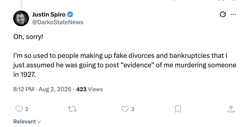 MarkMat97709003's tweet photo. I've not alleged bankruptcy, but the liens on Spiro's house, house sold to a foreclosure company, losses in court to capital one visa and other cases are 100% public record. I'd post receipts if he wants but prefer not to since his wife's name and address are on them. https://t.co/rZ3Ov1J57L