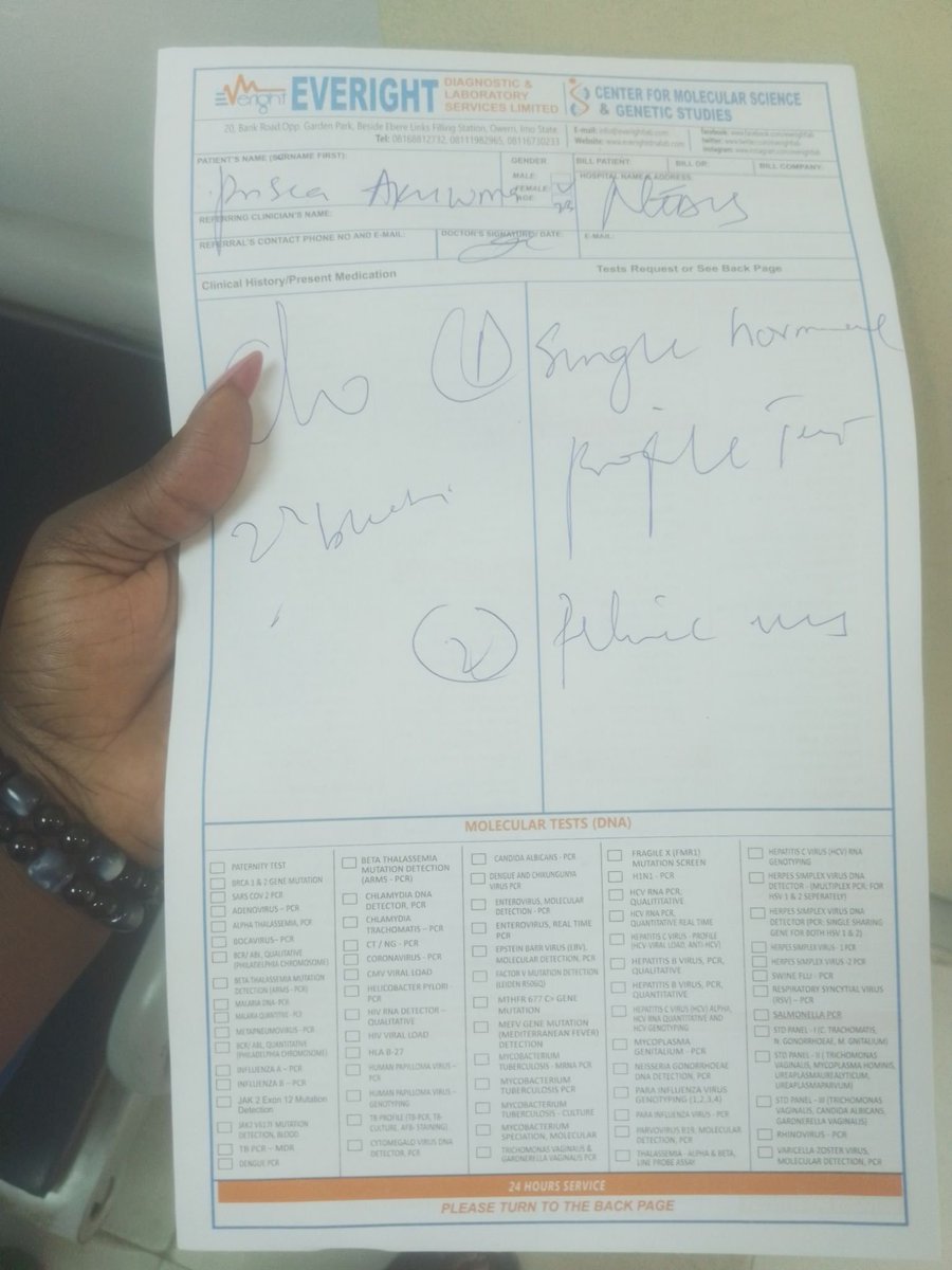 KimaniPrissy's tweet photo. After 40 days of continuous bleeding, I finally saw a doctor today.
Before I can begin proper treatment, I've been asked to run two urgent tests, and they cost ₦56,000. Unfortunately, I don't have the money to pay for them.
I've been trying to stay strong, https://t.co/LZkwOaQUHU
