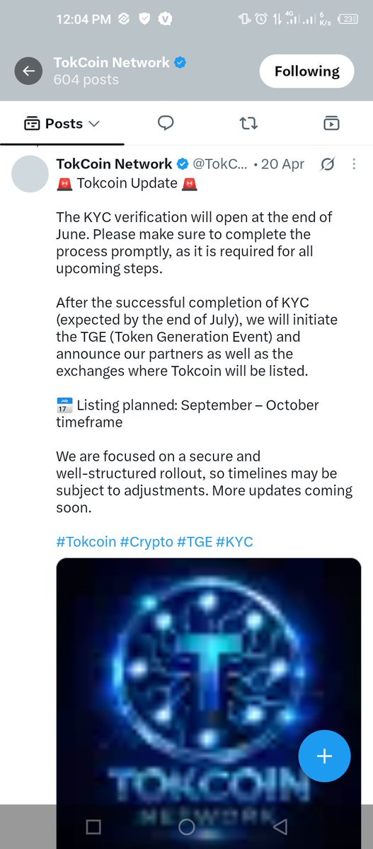 MKankwe's tweet photo. According to your April 20 post we should have been expecting the Tokcoin listing,are we still getting the listing or we should be expecting kyc in 2039
@TokCoin_Network https://t.co/UVAN5kTvbC