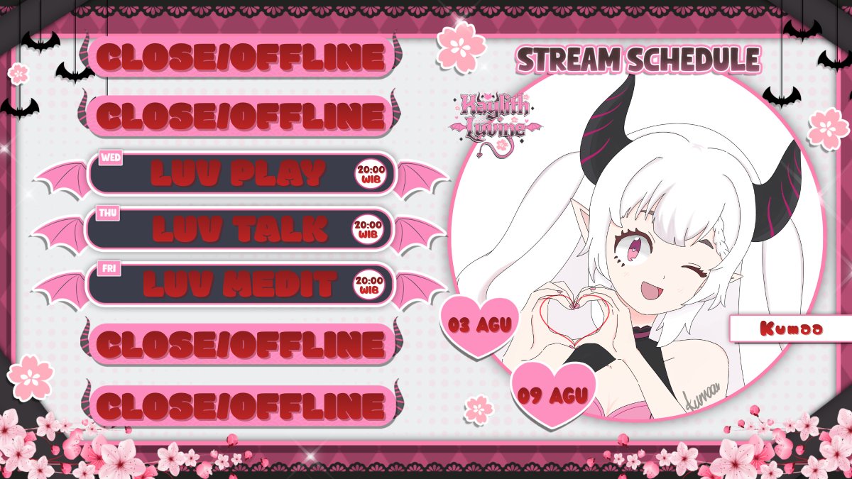 KaylithLuvine's tweet photo. ✦ Kaylith Luvine's Weekly Schedule ✦

Hallo sweetie, akhirnya Kaylith akan kembali stream minggu ini~

Date : 03 Agu - 09 Agu 2026

[ HASHTAG ]

✦ General : #kaylithluvine
✦ Live : #luvlive
✦ Fan Name : #myluv
✦ Fanart : #luvart
✦ Clip : #luvclip
✦ Meme : #luvmeme https://t.co/88L8O68UhJ