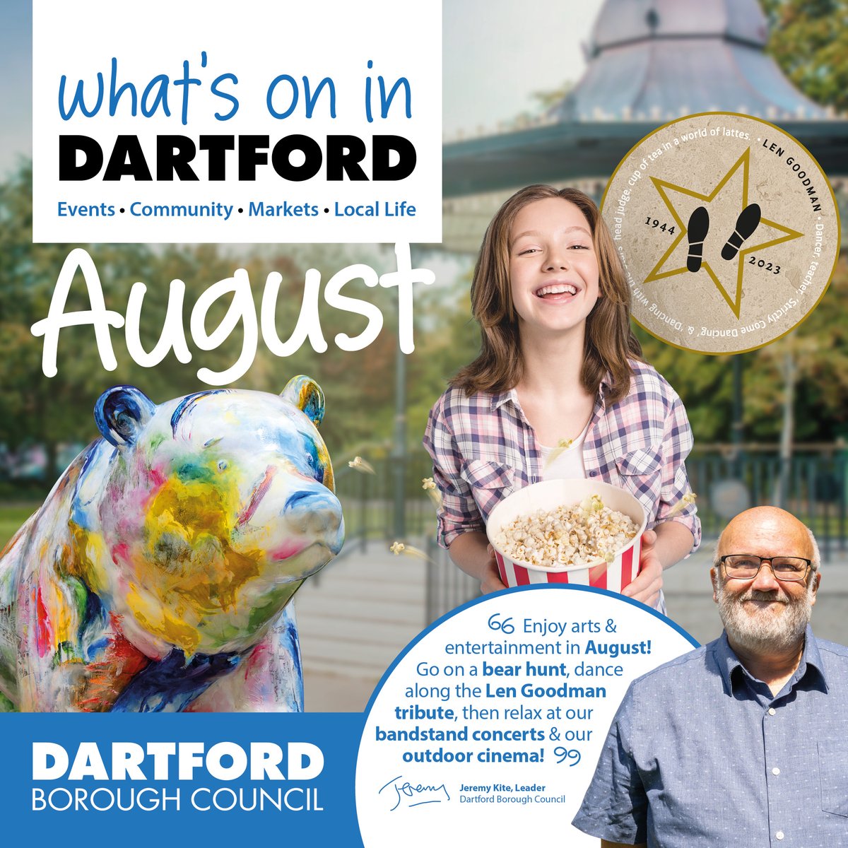 dartfordbc's tweet photo. There's plenty to do in Dartford over the summer holidays! Have you been on the Dartford Bear Hunt yet, or visited the Len Goodman art installation? We've also got the Outdoor Theatre and Outdoor Cinema showings in Central Park this month too, with tickets starting from just £2 https://t.co/38EL6VAW2i