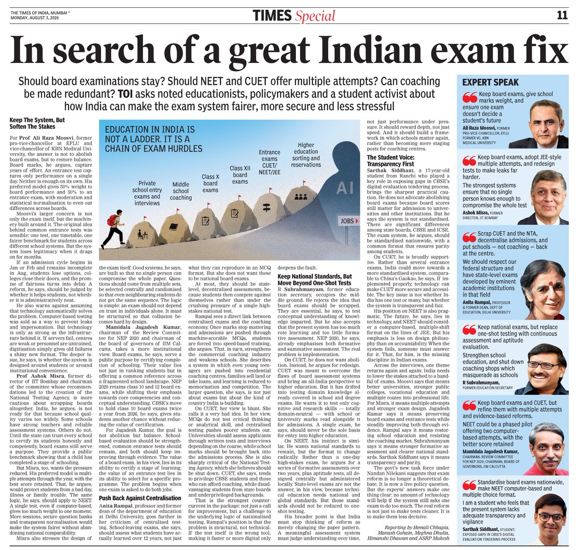 timesofindia's tweet photo. #TimesSpecial | Should board examinations stay? Should NEET and CUET offer multiple attempts? Can coaching be made redundant? TOI asks noted educationists, policymakers and a student activist about how India can make the exam system fairer, more secure and less stressful.

Read more in today's Times Of India epaper 📰https://t.co/smjXAZzzfc

#Education #BoardExams #NEET #CUET #ExamReforms #EducationPolicy #SchoolEducation #HigherEducation #CompetitiveExams