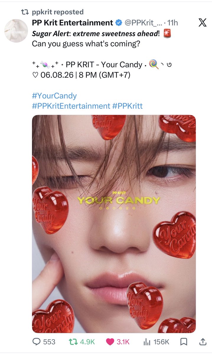 PPKRITT_DAILY's tweet photo. ⁺₊🍬₊⁺ ⋆ PP KRIT - Your Candy ∙ 🍭◝ ৩
♡ 06.08.26 | 8 PM (GMT+7)
น้องพีพีมารีโพสต์ดึกเลยคับ ฝากทุกคนรอติดตามซิงเกิ้ลใหม่น้องพีพี และฝากรี ไลก์ แชร์ เพิ่ม engage ทุกช่องทางกันเยอะๆน้า 🩷✨
#YourCandy
#PPKritEntertainment #PPKritt https://t.co/R2aUuhyTXj