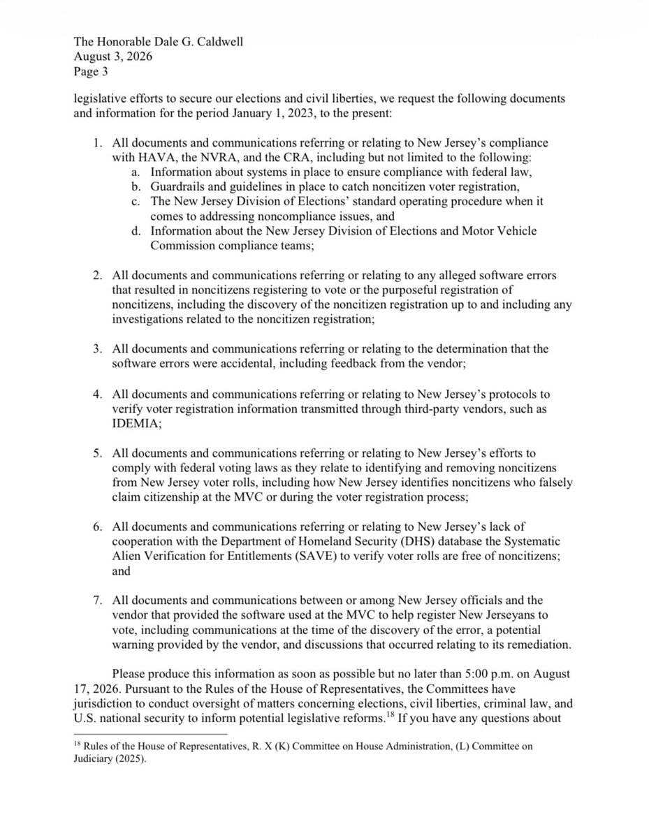 JudiciaryGOP's tweet photo. NEW: Chairmen @Jim_Jordan and @RepBryanSteil, @Congressman_JVD, and @RepLaurelLee sent a letter to New Jersey’s Lt. Governor and Secretary of State demanding information on how more than 6000 noncitizens were registered to vote. 

New Jersey needs to follow federal election laws. We’re making sure they do. 

Read the full letter: https://t.co/7dIILGDNp3