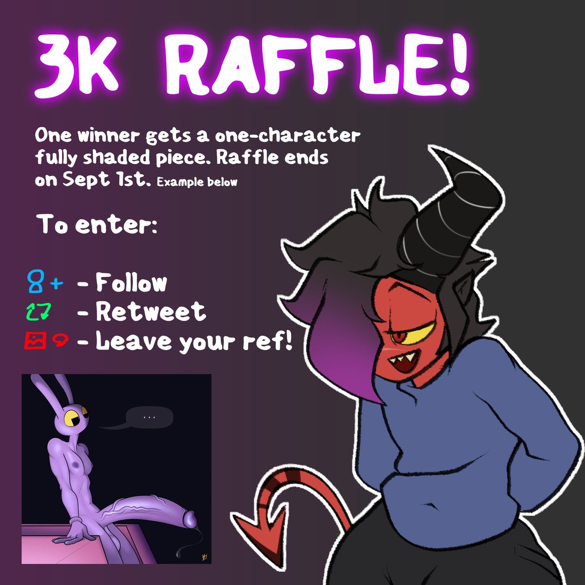 HiddenFurgr33n's tweet photo. Is that time of the account
⚠️3k FOLLOWER RAFFLE!⚠️

Rules on the image below. Any kind of character/oc is valid to enter. Piece could be sfw or nsfw, your choice!

Need time to finish stuff, so there's a whole month for entries. If I leave a like on your ref, you're already in💖 https://t.co/uzw9Ddyvrd