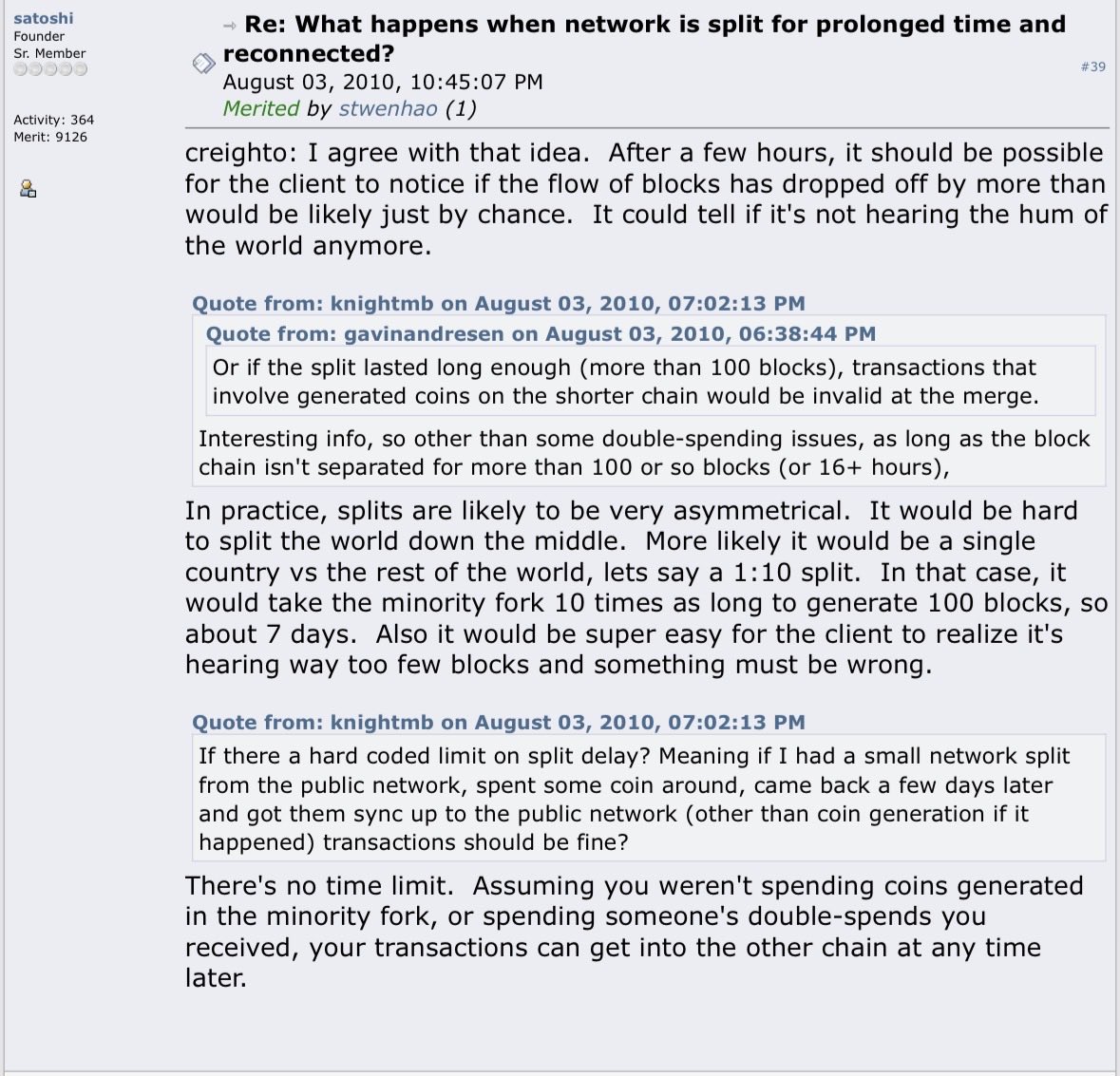 DocumentingBTC's tweet photo. On this day in history, 16 years ago, Satoshi. Nakamoto wrote what would happen if governments split the Bitcoin network off from each other, “It could tell if it's not hearing the hum of the world anymore…your transactions can get into the other chain at any time later.” https://t.co/Dvd7DYxfgd