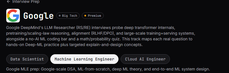real_deep_ml's tweet photo. We just added interview prep materials for three new roles at Google

- Machine Learning Engineer
- Data Scientist
- Cloud AI Engineer https://t.co/k1nlnSqduu