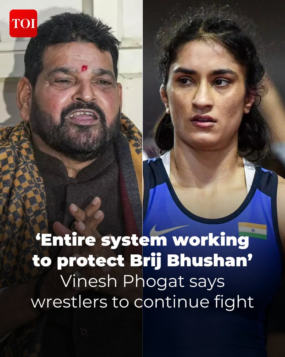 timesofindia's tweet photo. Wrestler #VineshPhogat said the women wrestlers would appeal against the acquittal of former Wrestling Federation of India (#WFI) chief #BrijBhushan Sharan Singh. She alleged that "the entire state machinery, the government, and the system have been working to protect Brij Bhushan" since the beginning of the case.

More details 🔗https://t.co/EH1BPUMsY4

Catch every update on the TOI App 👉 https://t.co/ogFaRsUKyn