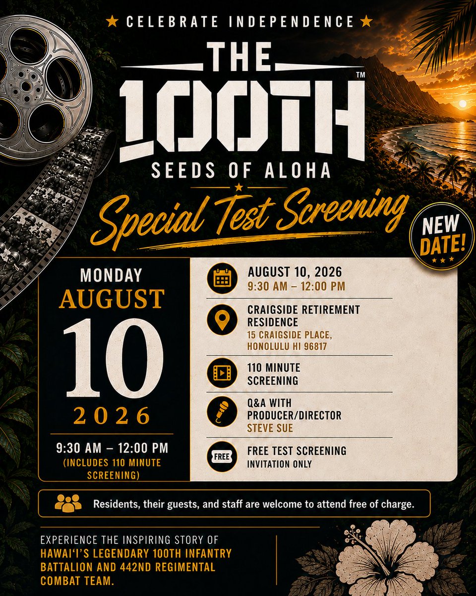 globalalohaorg's tweet photo. 🎬 Be among the first to experience THE 100TH: Seeds of Aloha!

📅 August 10, 2026
🕤 9:30 AM–12:00 PM
📍 Craigside Retirement Community

Residents, their guests, and staff are welcome to attend free of charge.

Your feedback will help shape the final film!

#The100th https://t.co/VzvkaZlQc2