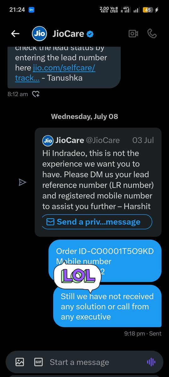 DevPin2's tweet photo. They don't have time to attend the request in 1 months only hope they will resolve in 1-2 years. @JioCare @reliancejio @AkashMAmbani hope you will refund my hard earned Rs. 1200/- deposited and hoping that you will install Air Fibre. https://t.co/kDhX4AK4yg