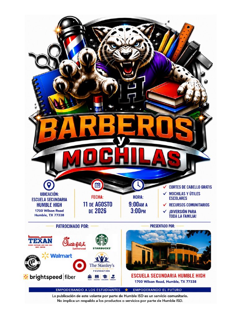 HumbleISD_HHS's tweet photo. Join us for the 3rd annual Barbers &amp; Backpacks event from 9 a.m. to 3 p.m. on Tuesday, August 11, at HHS. Any currently enrolled Humble ISD student is welcome to get a free haircut, free backpack and school supplies and community resources. https://t.co/CZAr3jfiun