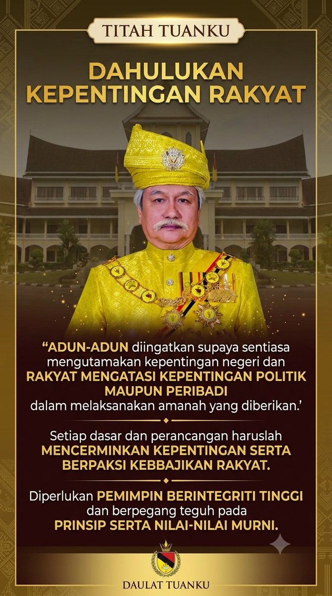 AbdulAf64458852's tweet photo. DYMM Yang di-Pertuan Besar Negeri Sembilan, Tuanku Muhriz mengingatkan semua ADUN supaya sentiasa mendahulukan kepentingan rakyat &amp; negeri mengatasi kepentingan politik mahupun peribadi. Pemimpin wajib berintegriti &amp; junjung maruah. 👑🇲🇾 https://t.co/KeqTGP6keU