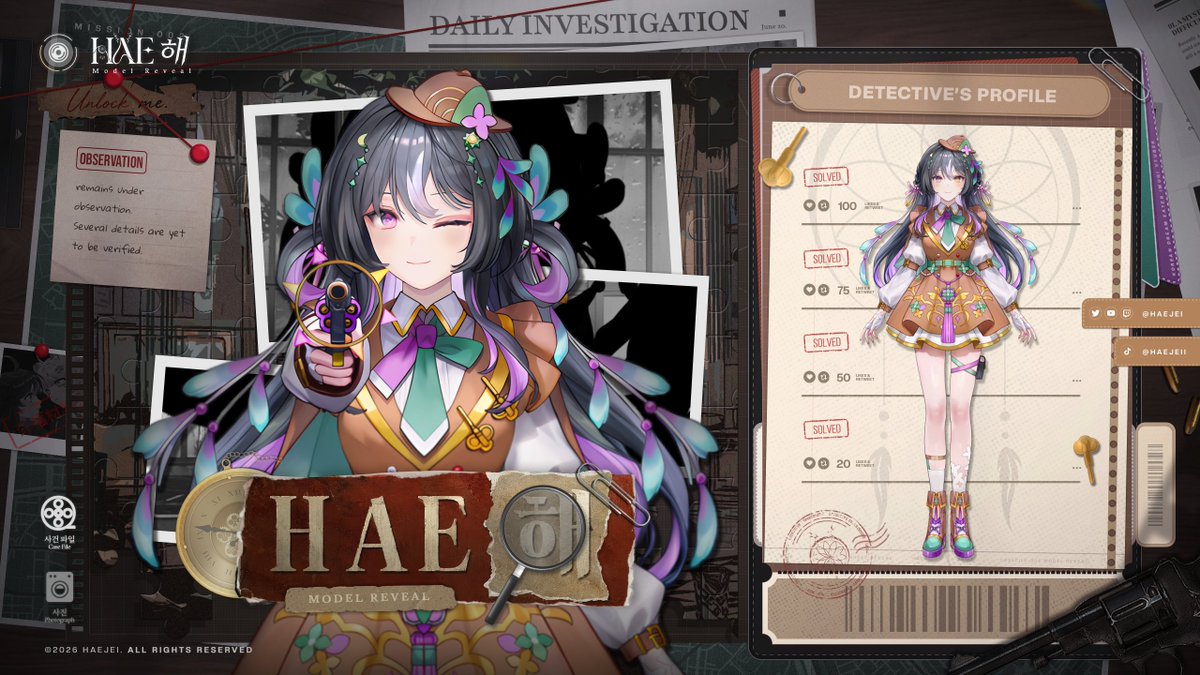haejei's tweet photo. .•°⌕ New Outfit Reveal ¤
𝙂𝙀𝙏‼️ Dream Eater Detective HAE

Gear up we're going on a new case! More details coming soon but keep August 22nd marked! 🕵️🔍

#VtuberReveal #Vtuber https://t.co/1jLccFeaal