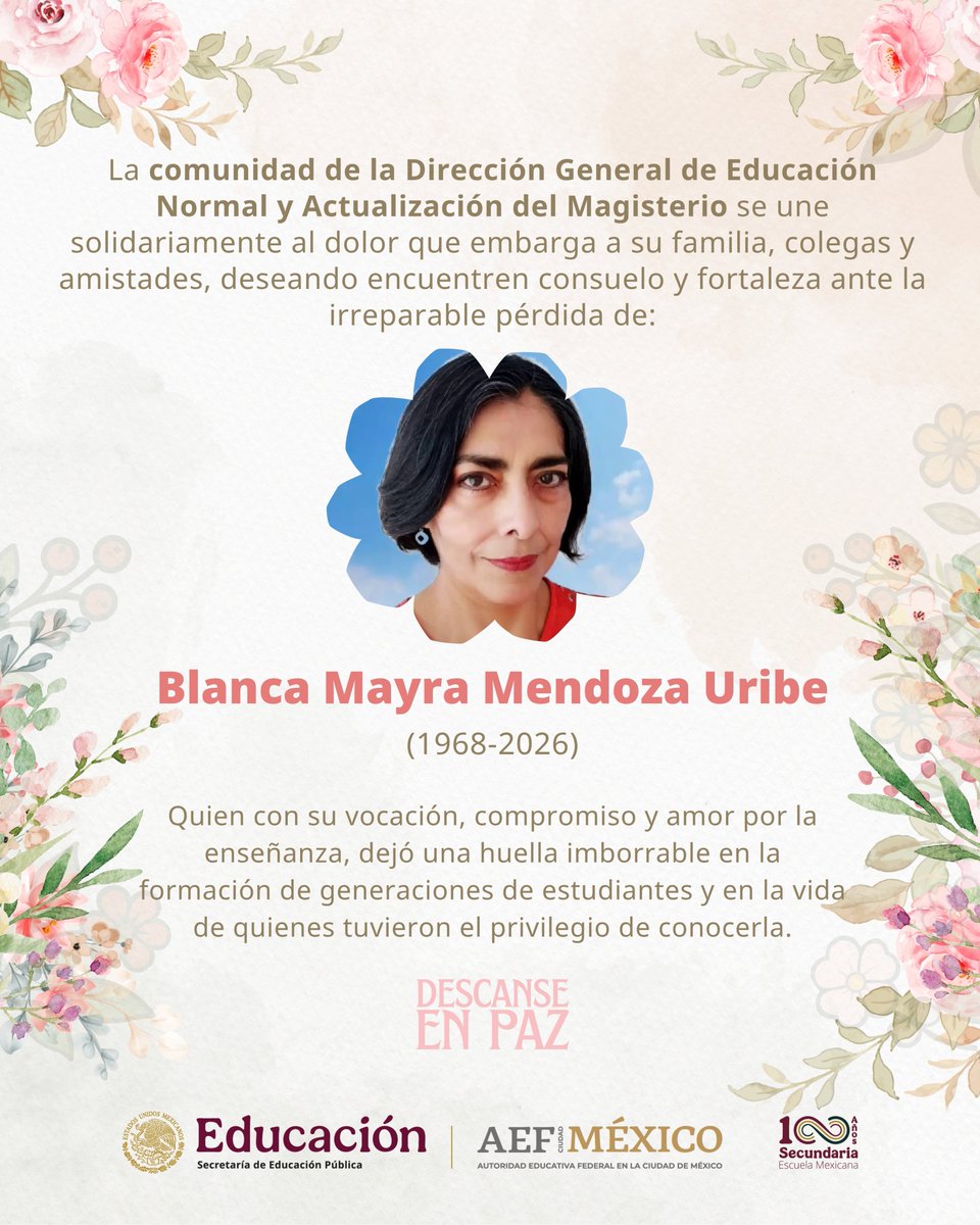 EENN_CDMX's tweet photo. Hoy con profundo pesar desde la DGENAM y la Dirección de Desarrollo Profesional despedimos a la amiga, compañera, gran profesionista, que cada día puso al servicio de la educación su esfuerzo, compromiso y dedicación al servicio de la formación de maestros. https://t.co/U8m2RKS6Np