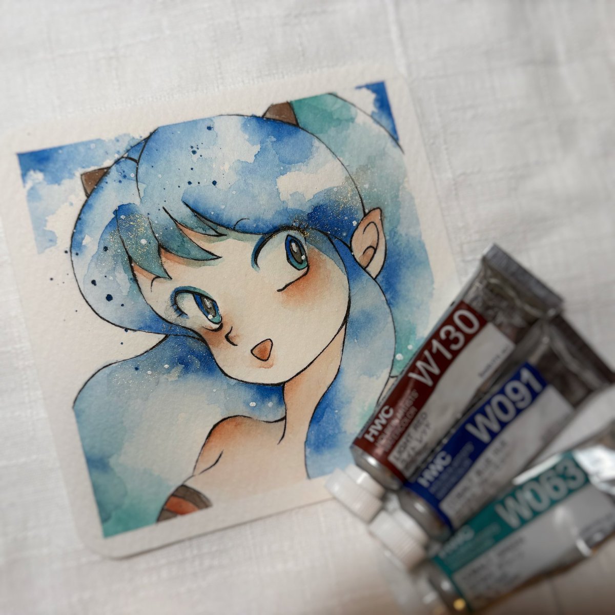 _98moe_'s tweet photo. ここ最近のお絵描きは、インスタで募ったリクエストをランダムで引いた3色のみで塗ってます！修行です。はい。
#透明水彩 
#模写
#BLEACH 
#うる星やつら https://t.co/FFvKyGCr9G