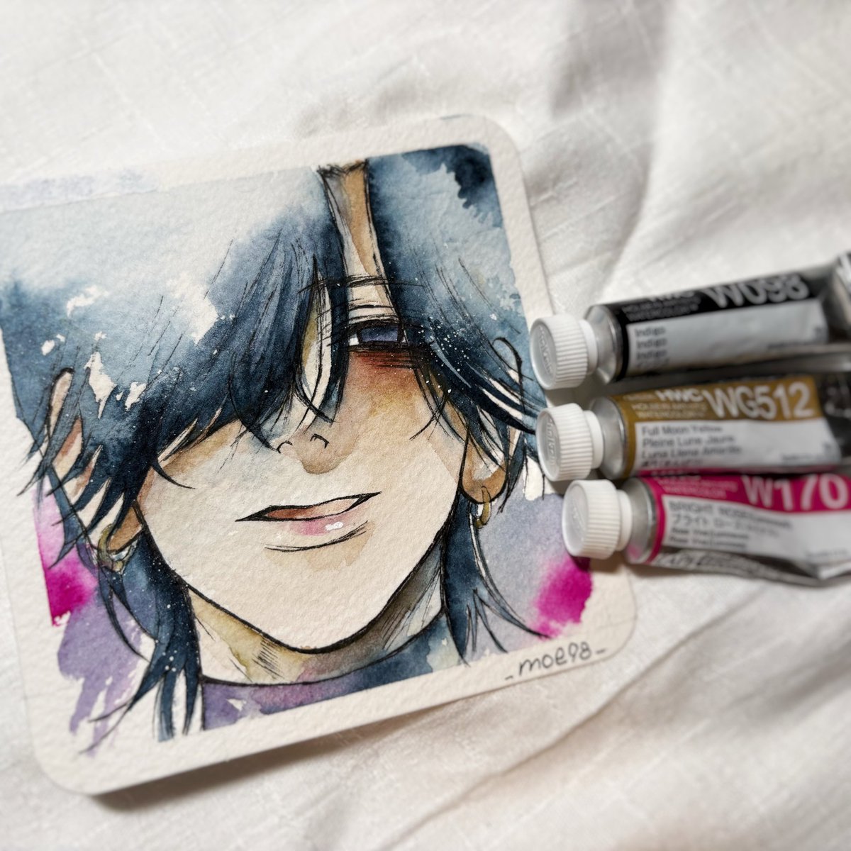 _98moe_'s tweet photo. ここ最近のお絵描きは、インスタで募ったリクエストをランダムで引いた3色のみで塗ってます！修行です。はい。
#透明水彩 
#模写
#BLEACH 
#うる星やつら https://t.co/FFvKyGCr9G
