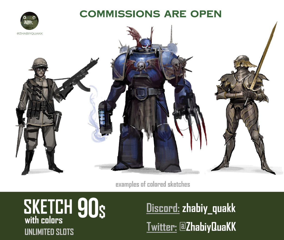 ZhabiyQuaKK's tweet photo. COMMISSIONS ARE OPEN 🐸

Sketches with colors - unlimited slots open!

Full character design development and illustration commissions are available too.

Feel free to DM me for more details here on X  
or on Discord: zhabiy_quakk

Reposts are really appreciated! https://t.co/I12r6FSMWt