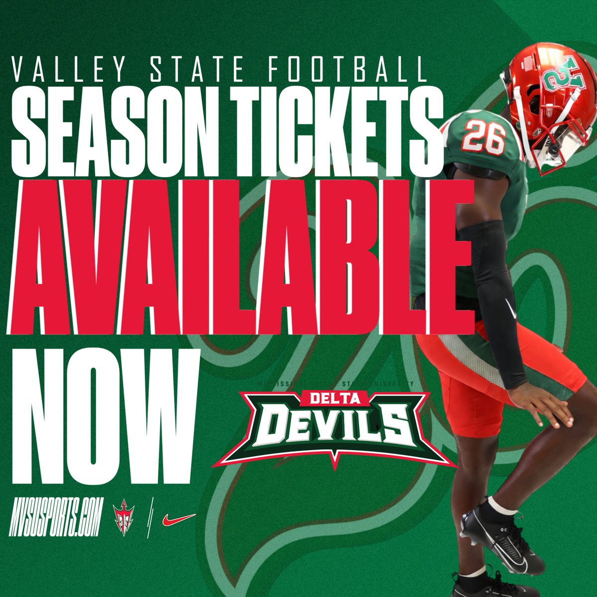 MVSUDevilSports's tweet photo. Secure your seats today 🎟️2026 Delta Devil Football season tickets are now available 🏈.
This fall, the energy starts with you 🔥
#eleVate #ValleyInMotion #SWACFB https://t.co/IBq7fBnVMK