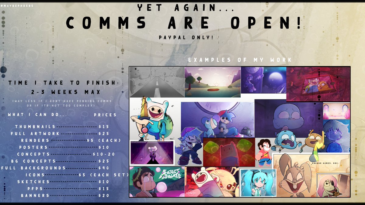 ProbablyPheebs's tweet photo. My comms are open for everyone  yet again! Feel free to check most of my recent work before anything.

If you want to buy comms, dm "phoebeiguess." (with the dot) on discord!

#fnf #pibbg #pibbyapocalypse #art #comms #gumball #steven #finn https://t.co/5uZr4RWqR2
