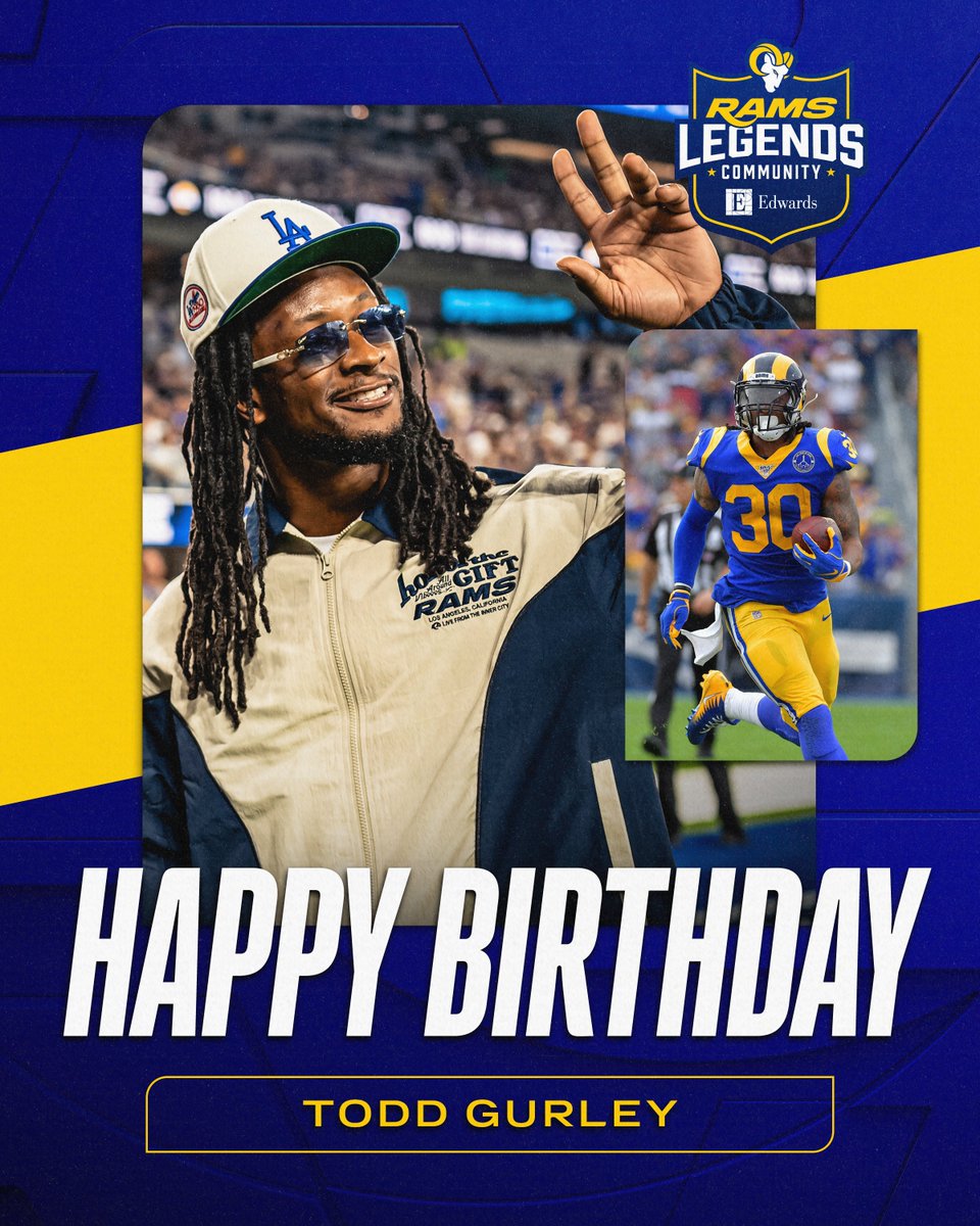 RamsNFL's tweet photo. Happy Birthday to Rams Legend, Todd Gurley!🥳💙 @TG3II https://t.co/s0p9s35fYq