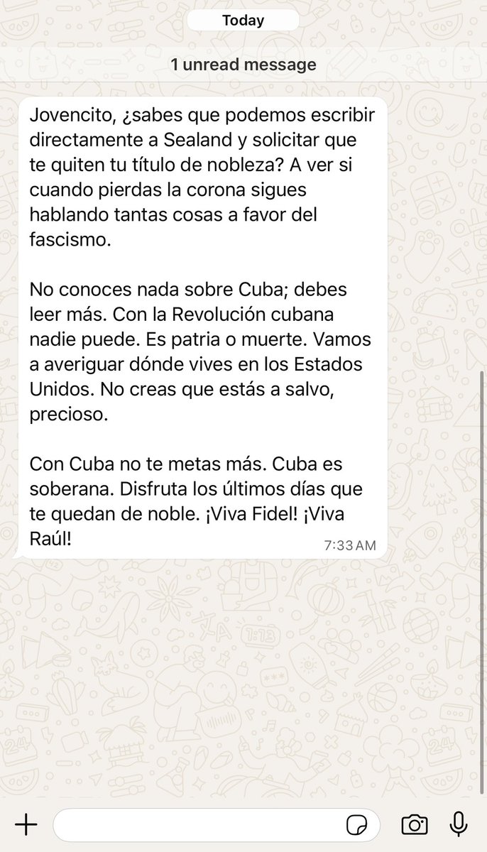 PedroOrtega111's tweet photo. 🎤 Ahora estoy recibiendo amenazas.
No entiendo cómo obtuvieron acceso a mi número telefónico privado.
Decidí no responder al mensaje que recibí.
#Cuba https://t.co/hOeuSAlGYI