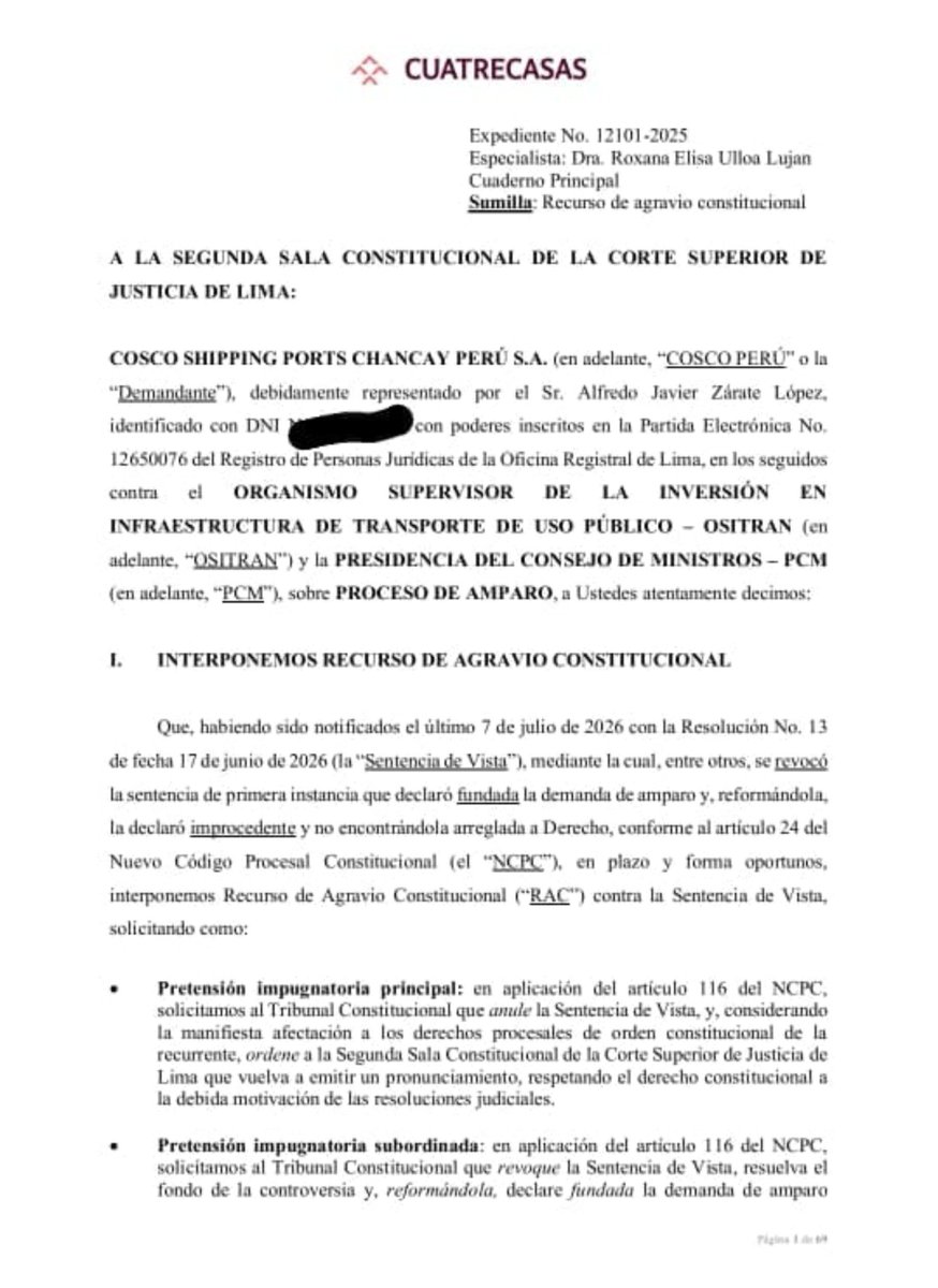 paolobenza's tweet photo. #Último Los chinos de Cosco Shipping acaban de presentar un recurso de agravio constitucional👇🏻 luego de perder el amparo contra Ositran para que no les regulen el megapuerto de Chancay. Hace poco les adelantamos que lo pelearían hasta el final. 

El recurso ya fue elevado al TC. https://t.co/xBvTyiRo7x