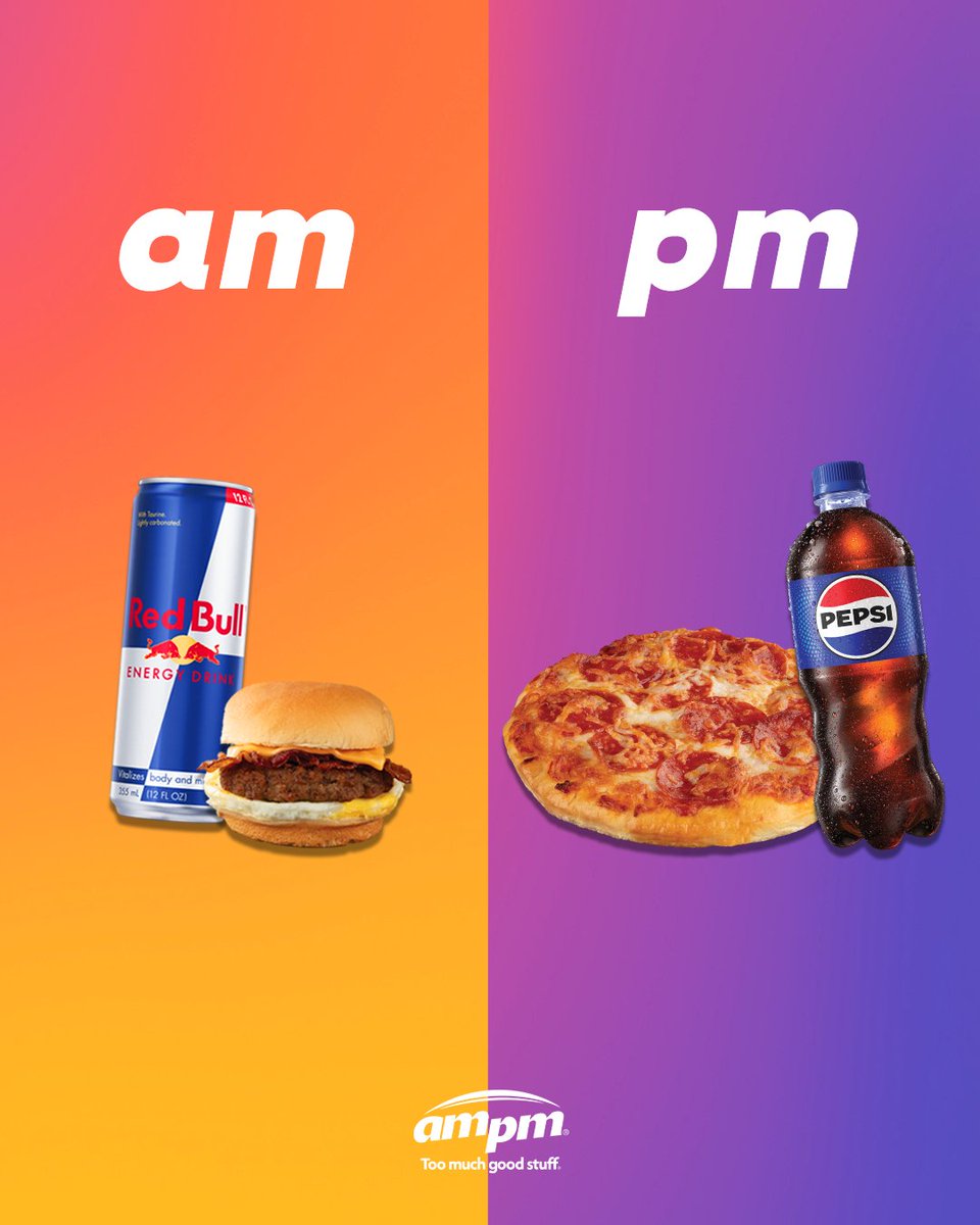 ampm's tweet photo. Serving both sides of the clock. Check out our $6 value deals: Morning Red Bull + Sandwich. Evening Pizza + Pepsi. https://t.co/NjQ6pEzNBv