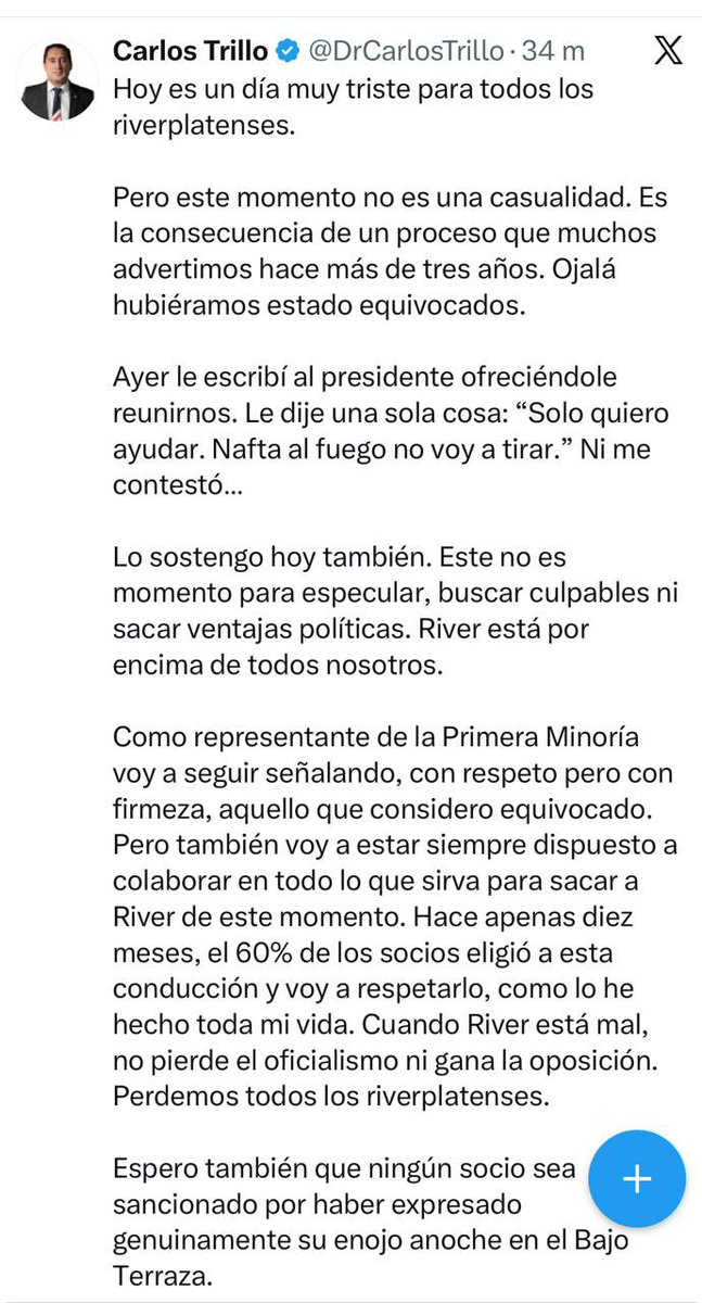 GenRiver's tweet photo. Como tiene bloqueado, respondo para que le llegue. Trillo, decís que querés ayudar, ayudá de verdad. Córrete de la política de River.
La lista colectora que encabezaste debilitó todo tipo de oposición y le hizo un enorme daño a la salud política del club. River necesita una oposición que controle al poder, no que lo legitime. Esto también es parte de la explicación de este presente.