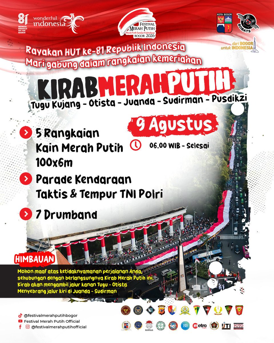 adamfawara2's tweet photo. Kirab Merah Putih
Festival Merah Putih Bogor 2026 https://t.co/vpsahT4zLF