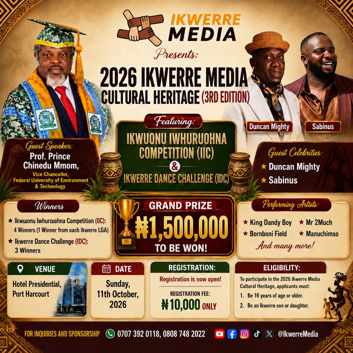 IkwerreDance's tweet photo. 🎉 REGISTRATION IS NOW OPEN! 🎉

2026 Ikwerre Media Cultural Heritage (3rd Edition)

✨ Featuring:
🗣️ Ikwuonu Iwhuruohna Competition (IIC)
💃 Ikwerre Dance Challenge (IDC)

🏆 ₦1,500,000 Prize Pool to be Won!

📝 Registration Fee: ₦10,000 https://t.co/gxqEFgy98A