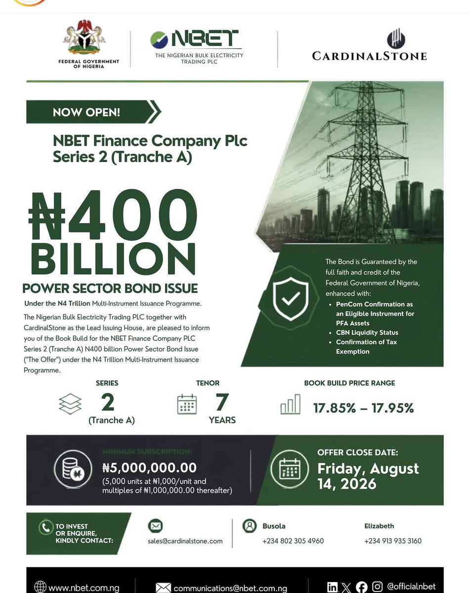 Officially_Kriz's tweet photo. As I was saying, if you have the N5m, this is a govt bond you can lock down 17% interest for 7 years. 

Opportunities like this doesn't come often. 

Deadline is next week Friday.  #NFA https://t.co/XWIDAk94CR