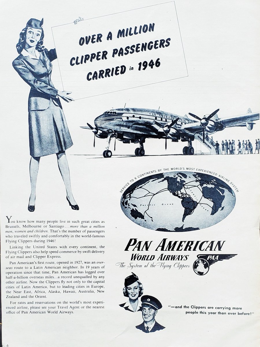everythingpanam's tweet photo. 1946 Pan Am Million Passengers Cartied Ad

This 1946 advertisement reflects how quickly international travel grew with the end of World War II.

#1940sPanAm
#PanAmAdvertising
#Everythingpanam https://t.co/RzG68GAy9e