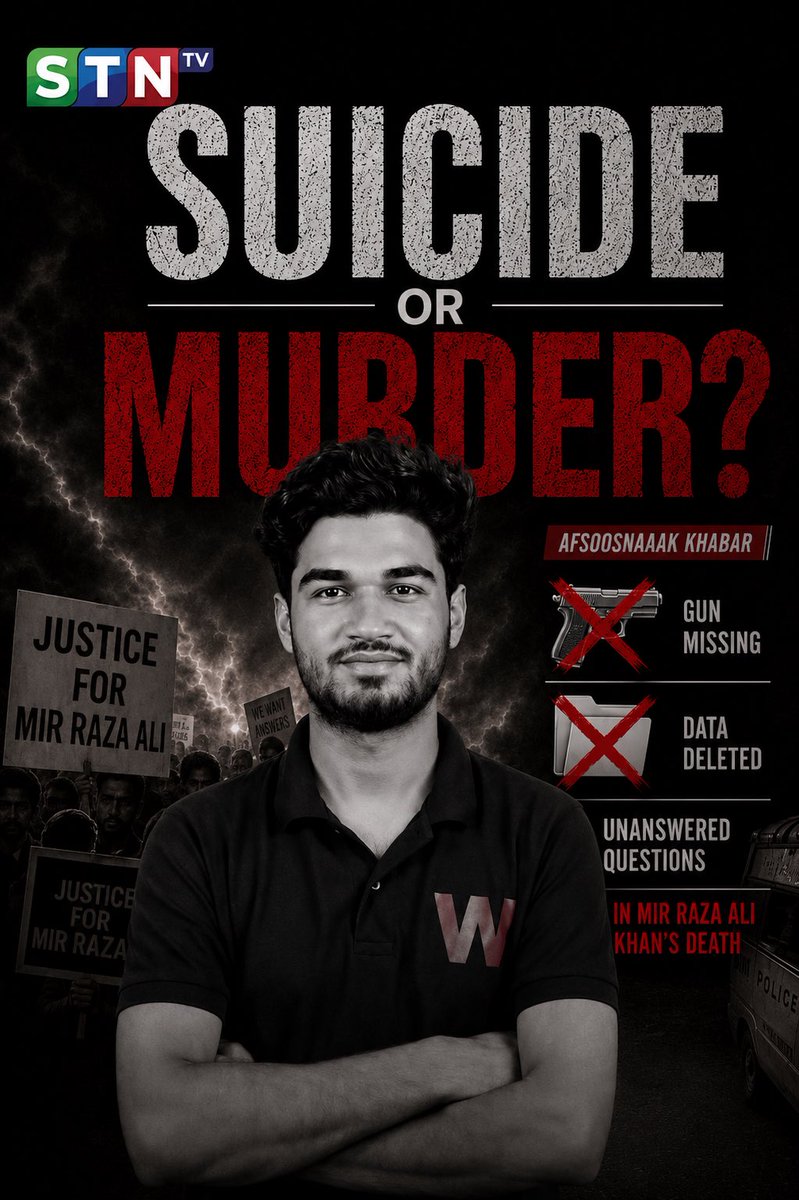 iamstn1's tweet photo. SUICIDE OR MURDER?

Mir Raza Ali Khan’s death remains under investigation. Police say current evidence points toward possible suicide, but key questions remain including the missing gun, deleted phone data, and forensic findings. Authorities say the investigation is ongoing.

#MirRazaAliKhan #Karachi #Pakistan #CrimeNews #Investigation