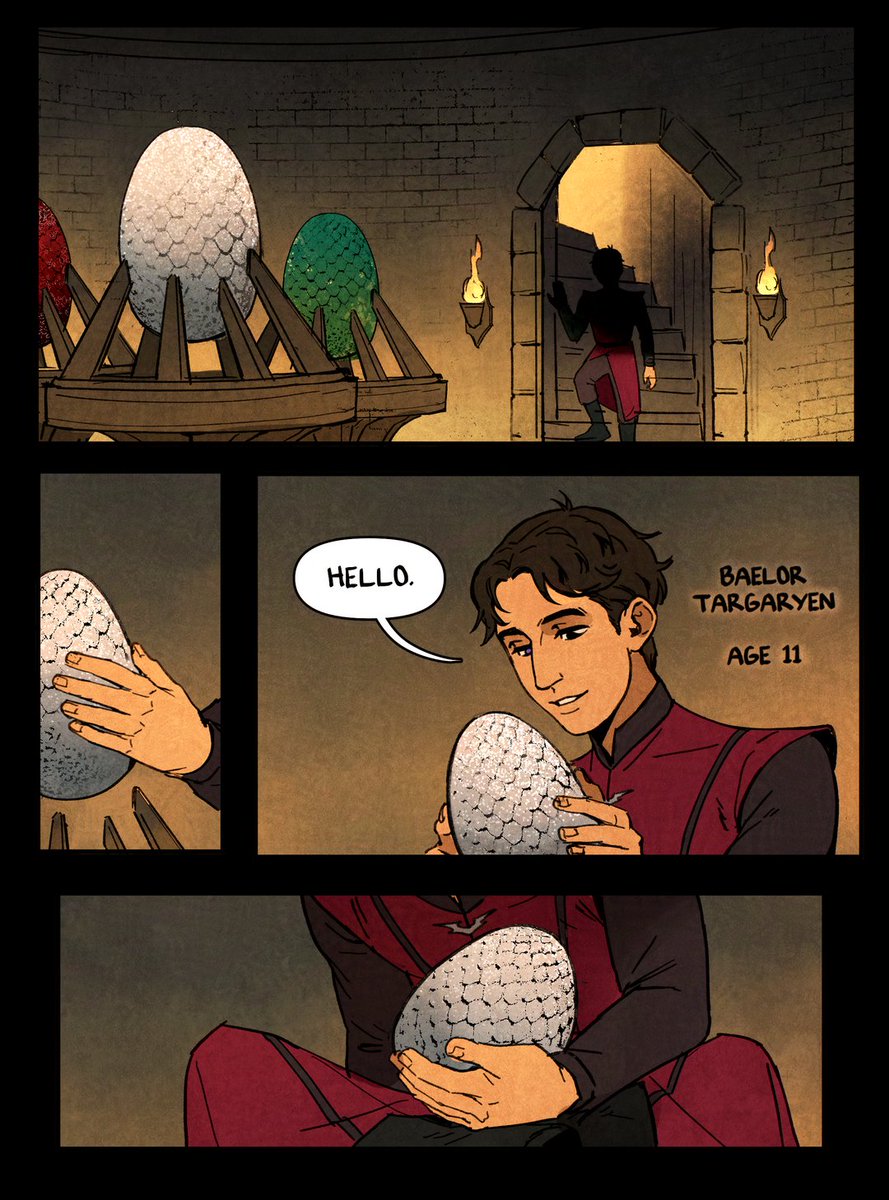 bluegiragi's tweet photo. a young baelor targaryen visits his family's dragon eggs. #akotsk https://t.co/xCjqfNAttO