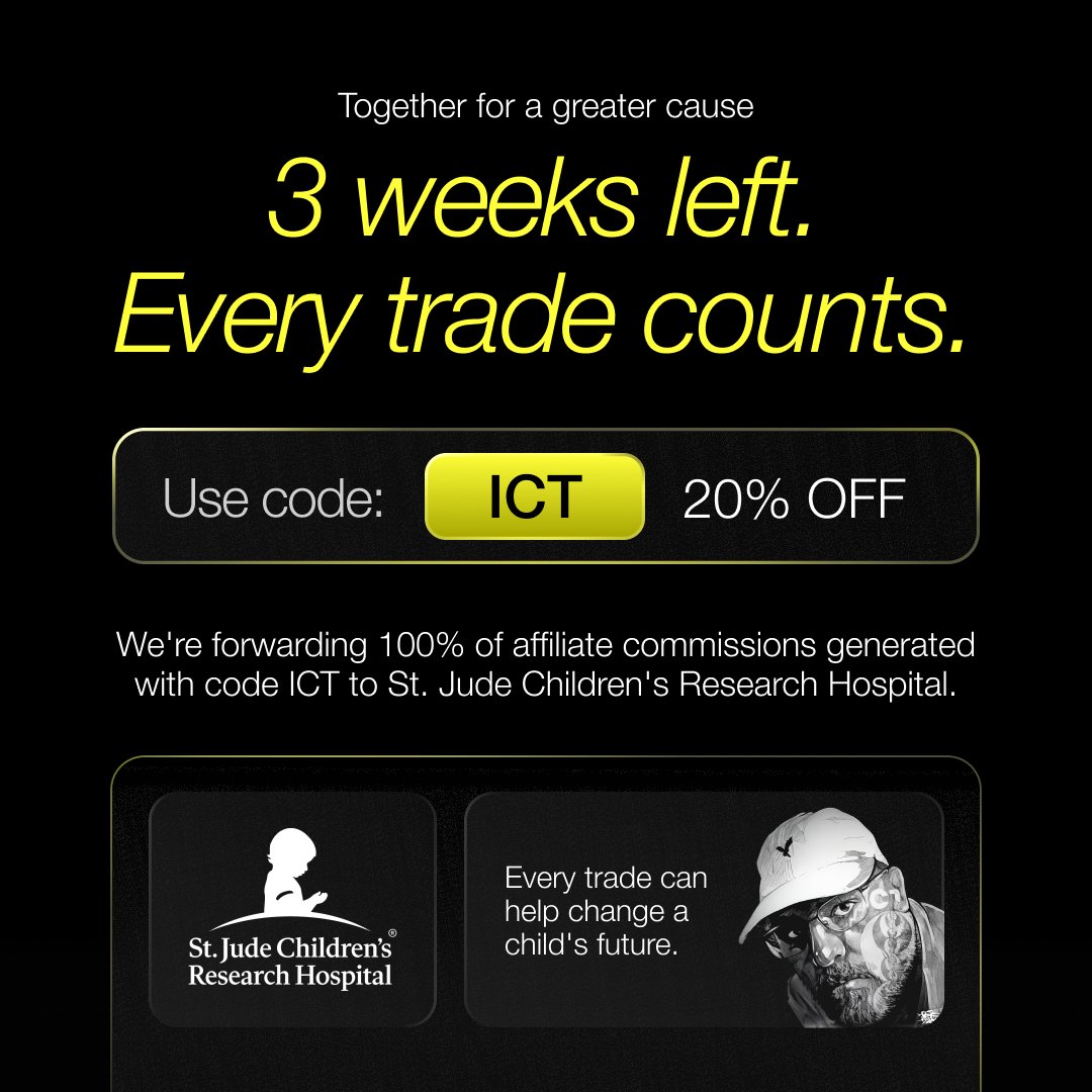 CFTradercom's tweet photo. Prop firms, together for a greater cause 🤝@I_Am_The_ICT 

100% of the commissions earned on code ICT, for the next three weeks, go to St. Jude Children's Research Hospital. 

Code ICT also gets you 20% OFF in 1 & 2-phase challenges

Together we're giving back to those who need it most!