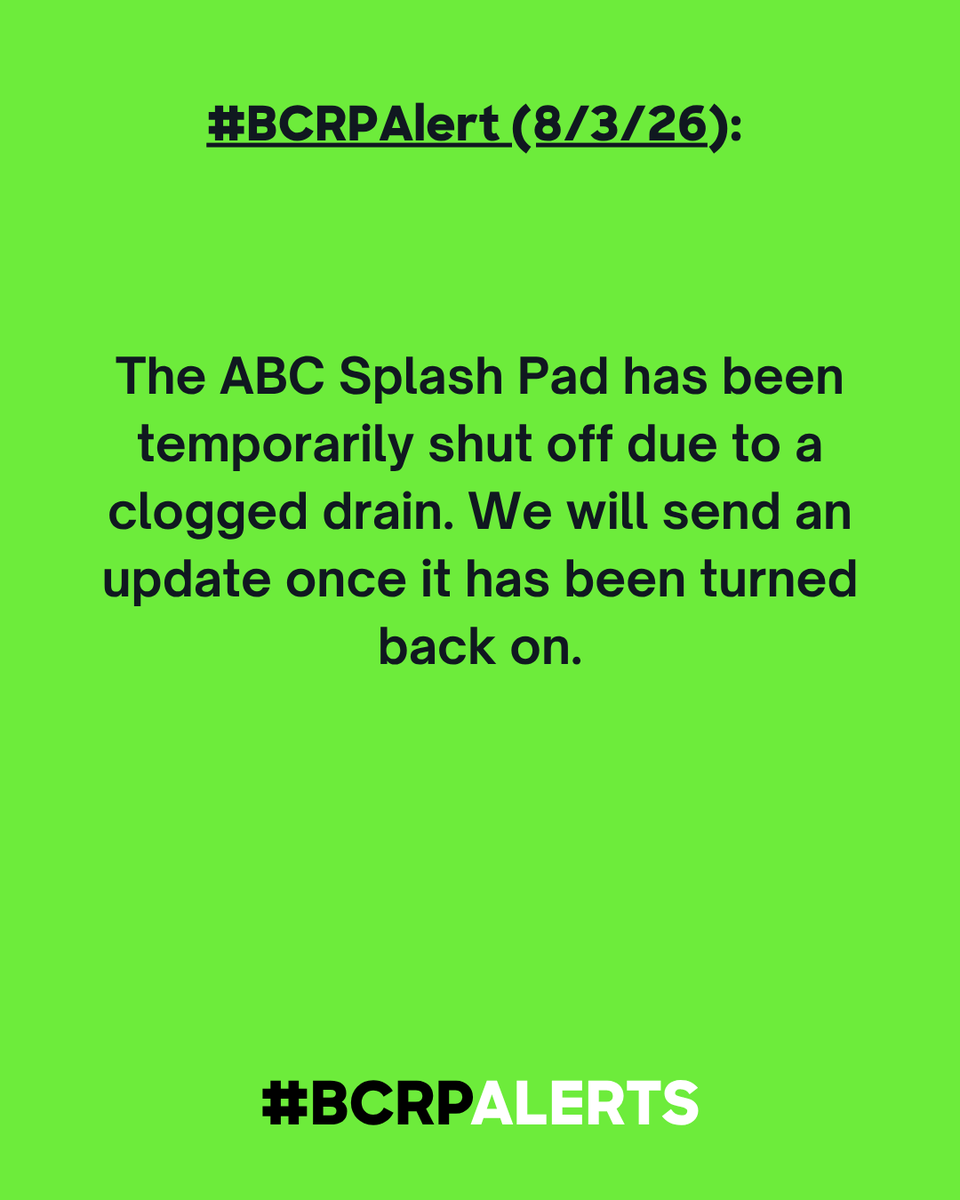 RecNParks's tweet photo. #BCRPAlert (8/3/26): The ABC Splash Pad has been temporarily shut off due to a clogged drain. We will send an update once it has been turned back on. https://t.co/uQx5RezWCj
