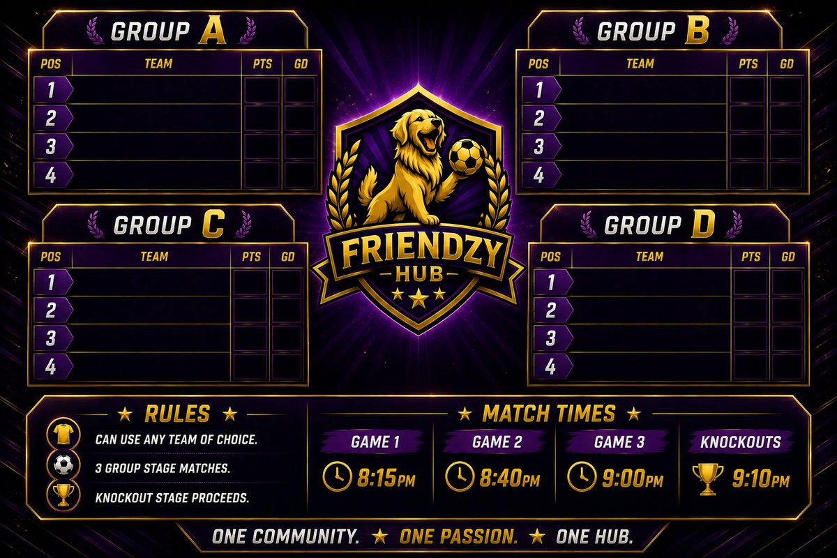 Friendzy2806's tweet photo. 🚨FRIENDZY HUB - WEEKLY TOURNAMENTS🚨

🎖️ULTIMATE TEAM - 0️⃣ Restrictions
🫂 Designated Group Stages 
🔞 18+ Mature FC community

It's officially the FC27 silly season, for the next month we will be running weekly tournaments on ultimate team before FC27! 

Repost &amp; Share! 🫶 https://t.co/uNmJCGJ0W0