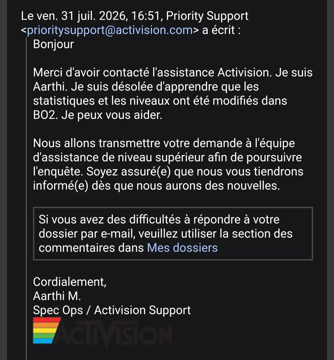 1997_clem's tweet photo. @Robinouze84 @Treyarch @CallofDuty @IronGalaxy Tu contactes Activision immédiatement ils sont au courant et ensuite je te conseille de plus jouer au jeu le temps de la procédure ça c'est le mail que j'ai reçu ils vont vouloir une vidéo tu envoies la preuve et tu attends https://t.co/pjhc55YSAx