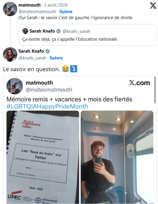 F_Desouche's tweet photo. "Les fous du train sur Twitter - L'émergence ferrovipathe queer et politique"... le mémoire d'un étudiant d'une grande école d'Urbanisme fait le buzz 
(màj : un an après, il interpelle Sarah Knafo : "le savoir est de gauche, l'ignorance de droite"; elle lui répond...) https://t.co/I3BnJV23iI
