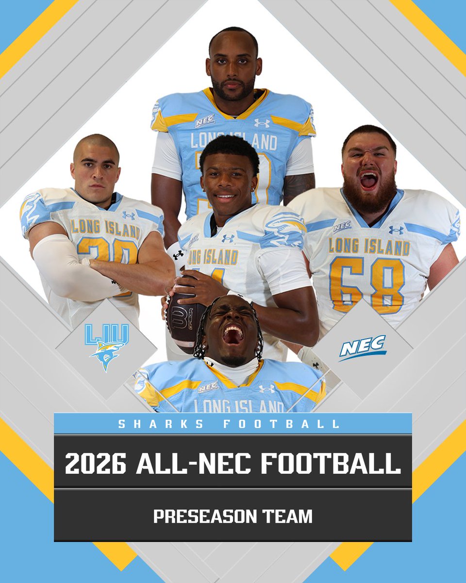 LIUSharksFB's tweet photo. Congratulations Ethan, Kezni, Rafael, Sean, and Trey on being named to the 2026 All-NEC Football Preseason Team! 

📰Read More: https://t.co/bUZ2if4lid
 
#FinsUp🦈 https://t.co/IbmxJOO2Ma