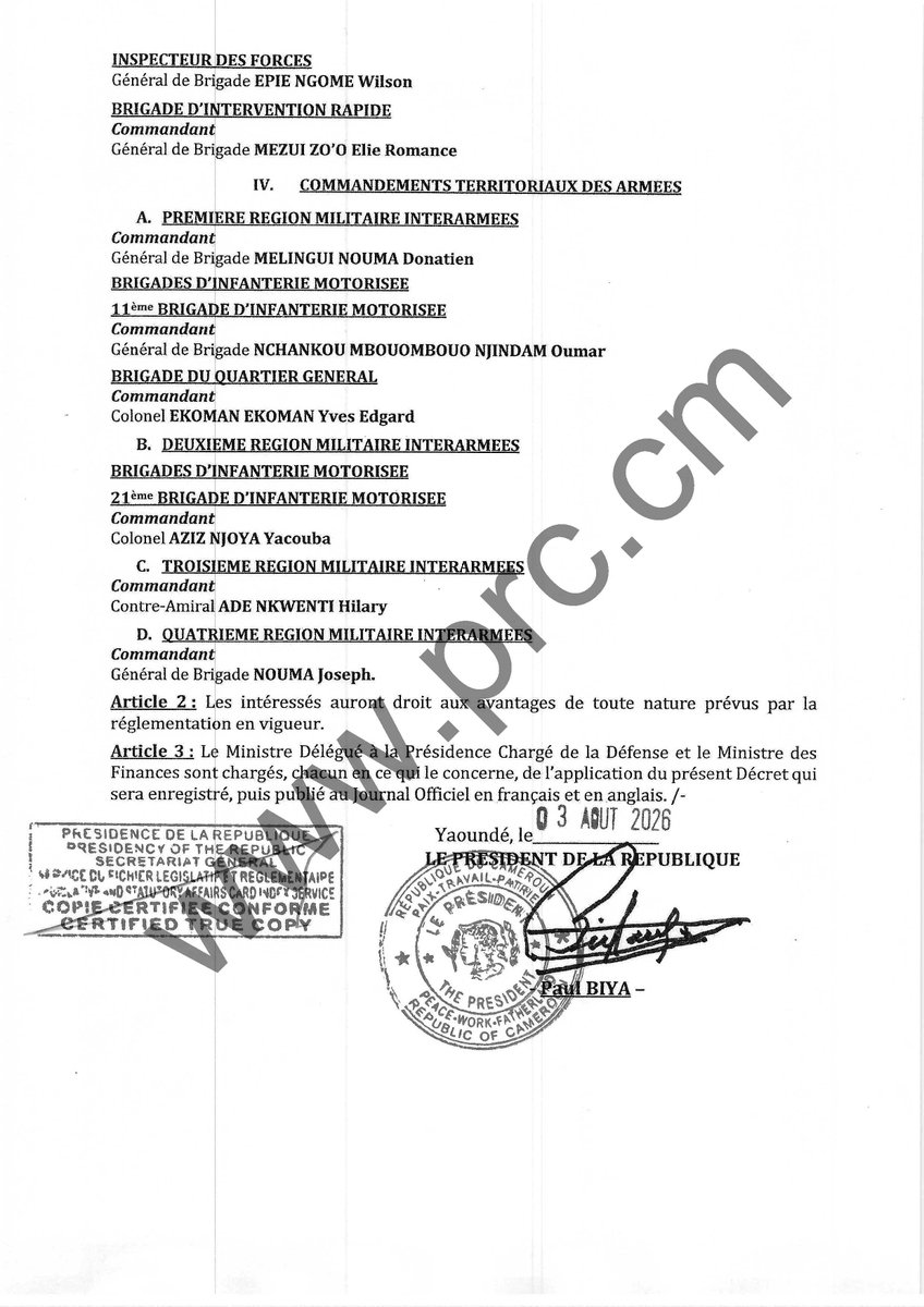 PR_Paul_BIYA's tweet photo. Décret portant nomination de responsables au Ministère de la Défense.

#PaulBiya
#Cameroun https://t.co/0bBq00pdDK