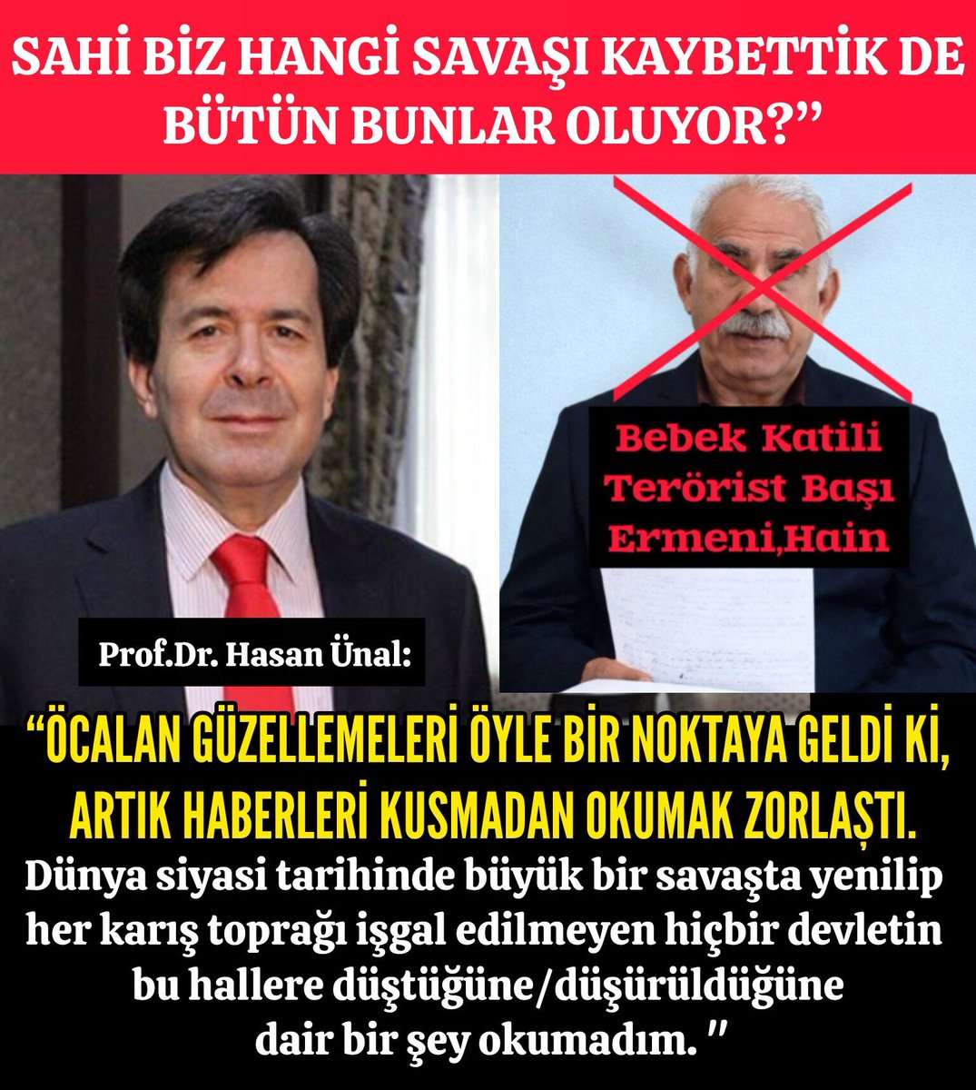 iyiphaber's tweet photo. Prof.Dr.Hasan Ünal:

“#Öcalan güzellemeleri öyle bir noktaya geldi ki, artık haberleri kusmadan okumak zorlaştı. 

Dünya siyasi tarihinde büyük bir savaşta yenilip her karış toprağı işgal edilmeyen hiçbir devletin bu hallere düştüğüne/düşürüldüğüne dair bir şey okumadım." https://t.co/enzJcBESSj